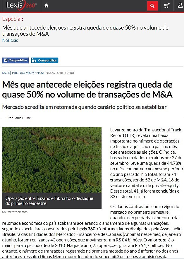 Ms que antecede eleies registra queda de quase 50% no volume de transaes de M&A